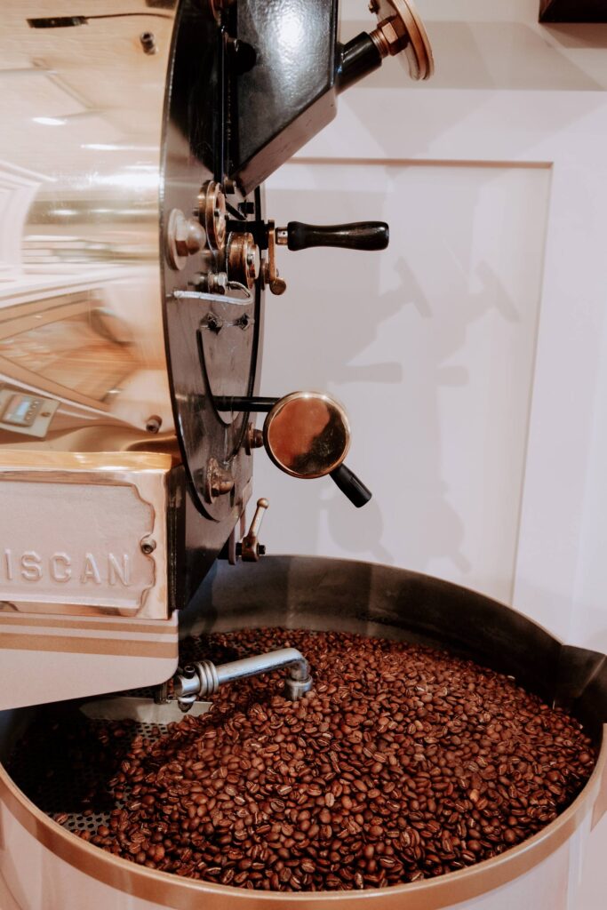Fresh coffee beans roasting in-house at The Coffee Girl in Waterloo, Illinois